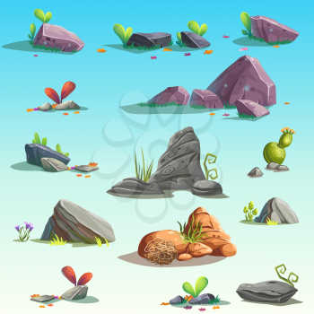 Set of isolated stones, boulders. Vector isolated objects. Bright background images for print, create videos or web graphic design, user interface, card, poster.