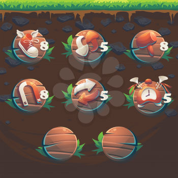 Feed the fox GUI match 3 game user interface boosters - cartoon stylized vector illustration window.