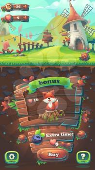 Feed the fox GUI match 3 buy window - cartoon stylized vector illustration mobile format  with options buttons, game items.