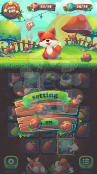Feed the fox GUI match 3 volume options - cartoon stylized vector illustration mobile format window with options buttons, game items.