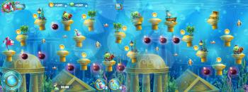 Underwater ruins with a set of elements.  For print, create videos or web graphic design, user interface, card, poster.