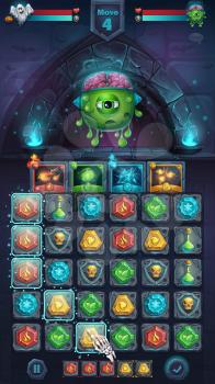 Monster battle GUI freak with brain playing field match 3 - cartoon stylized vector illustration mobile format window with options buttons, game items, cards.