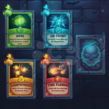Set spell cards of nature, ice, fire, light. For web, video games, user interface, design