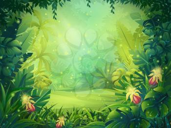 Vector cartoon illustration of background morning rainforest. Bright jungle with ferns and flowers. For design game, websites and mobile phones, printing.