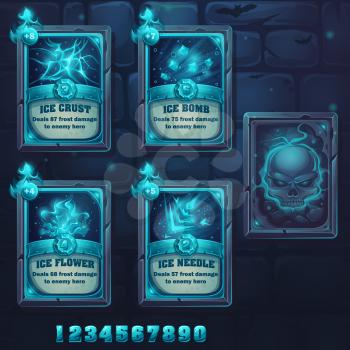 Set spell cards of ice crust, ice bomb, ice flower, ice needle. For web, video games, user interface, design
