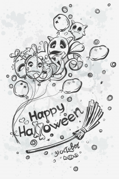 Cute hand-drawn Halloween doodles - Ghost with balls on broomstick