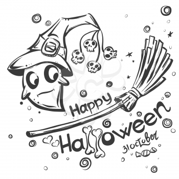 Cute hand-drawn Halloween doodles - Ghost on broomstick