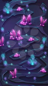 Vertical mobile map scrolling user interface with cristal bush. Background vector image for mobile game assest.