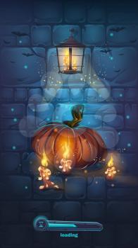 Vector cartoon illustration boot screen - background horrible Halloween wall with pumpkin
