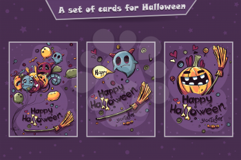 Set of cards Halloween doodles - Ghost, pumpkin with the balls on a broomstick