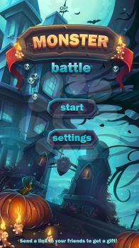 Monster battle GUI start playing field match 3 - cartoon stylized vector illustration mobile format window with options buttons, game items, cards.
