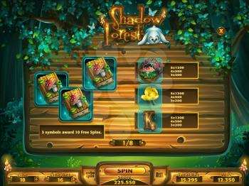 Playing field slots game for game user interface. Vector illustration screen to the computer game Shadowy forest GUI. Background image to create buttons, banners, graphics.