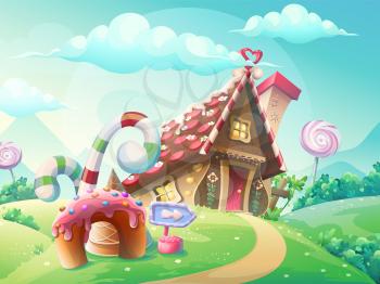 Illustration of sweet house of cookies and candy on a background of meadows and growing caramels