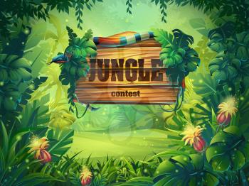 Vector cartoon illustration of background rainforest. Bright thicket with title. For design game, websites and mobile phones, printing.