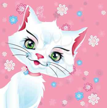 Vector illustration White Pussy cat on a pink background with flowers
