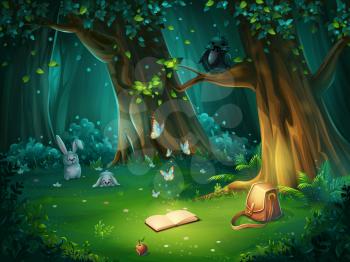 Vector cartoon illustration of background forest glade. Bright wood with hares, butterflies and raven in glasses, book, apple, travel bag. For design game, websites and mobile phones, printing.