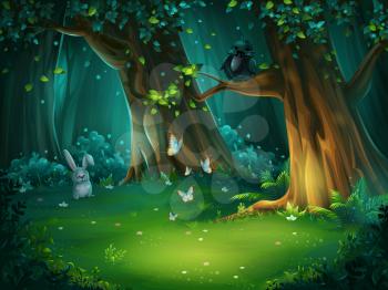 Vector cartoon illustration of background forest glade. Bright wood with hare, butterflies and crow in glasses. For design game, websites and mobile phones, printing.