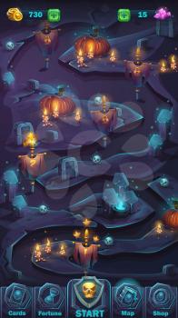 Vector cartoon illustration game user interface - background horrible Halloween wall with pumpkin map window