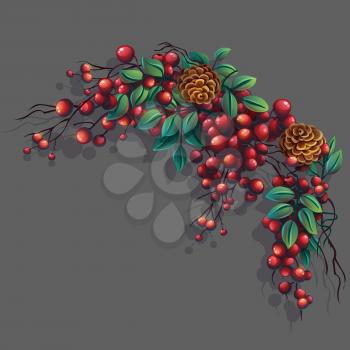 Vector cartoon illustration bunch of mountain ash with leaves, branches and cones