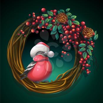 Vector cartoon illustration wreath of vines and leaves on a green background with ash berry and bullfinch