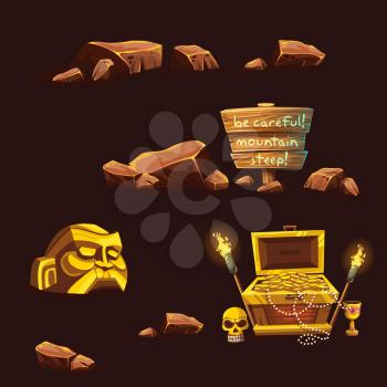Set of wooden chest with coins for the game UI. Vector cartoon illustration of a bunch of mountains of gold coins on the background of dark brick. 
