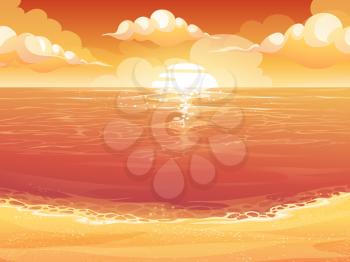 Vector cartoon illustration of a crimson sun, sunrise or sunset on the sea. For print, create videos or web graphic design, user interface, card, poster.