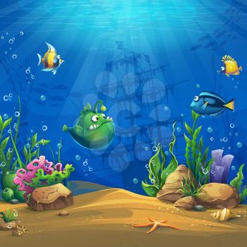 Cartoon fish in underwater world. Marine Life Landscape with different inhabitants. For design websites and mobile phones, printing.