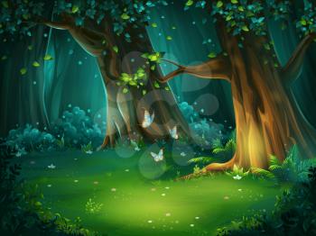 Vector cartoon illustration of background forest glade. Bright wood with butterflies. For design game, websites and mobile phones, printing.