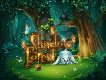 Start window for game user interface. Vector illustration screen to the computer game Shadowy forest GUI. Background image to create buttons, banners, graphics.
