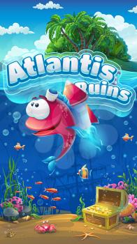 Atlantis Ruins GUI mobile format. Marine life landscape - the ocean and the underwater world with funny fish. For design websites and mobile phones, printing.