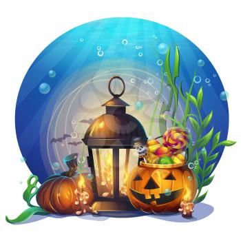 Halloween cartoon stylized vector illustration pumpkin, lantern and candles. Bright image to create original video or web games, graphic design, screen savers.