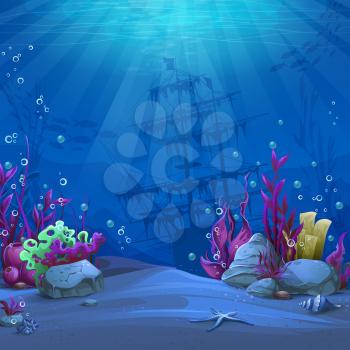 Undersea world in blue theme. Marine Life Landscape - the ocean and the underwater world with different inhabitants. For design websites and mobile phones, printing.