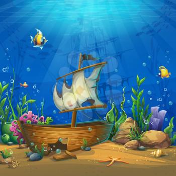 Undersea world with ship. Marine Life Landscape - the ocean and the underwater world with different inhabitants. For design websites and mobile phones, printing.