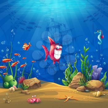Undersea world with fish. Marine Life Landscape - the ocean and the underwater world with different inhabitants. For design websites and mobile phones, printing.