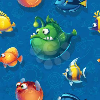 Vector texture funny fish. Bright image to create original video or web games, graphic design, screen savers.