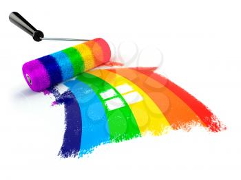 Construcrion concept.Roller brush with sign of house in rainbow colors. 3d