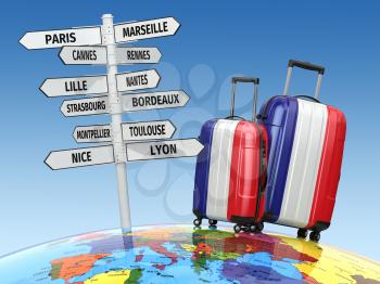 Travel concept. Suitcases and signpost what to visit in France. 3d
