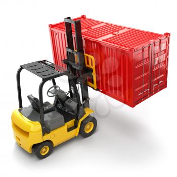 Forklift handling the cargo shipping container box. 3d