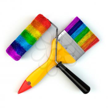 Renovation tools concept. Paint brush and roller in rainbow colors isolated on white. 3d