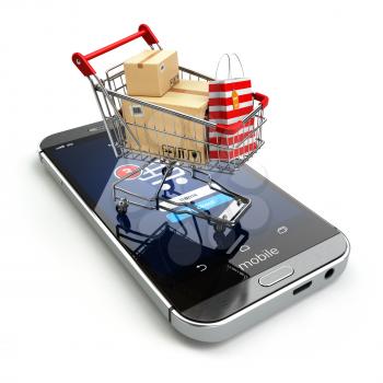 Online shopping concept. Mobile phone or smartphone with cart and boxes and bag. 3d