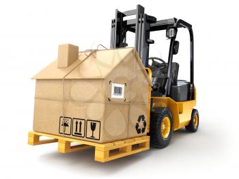 Delivery or moving houseconcept. Forklift with cardboard box as home isolated on white. 3d