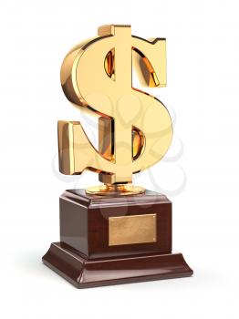 Golden dollar sign trophy isolated on white. 3d
