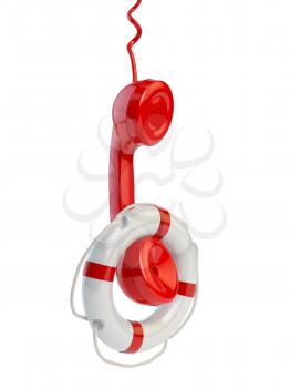 Help or support service concept. Telephone reciever and lifebouy isolated on white. 3d illustration