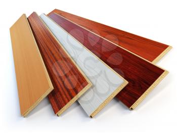 Parquet o laminate wooden planks of the different colors on white background. 3d illustration