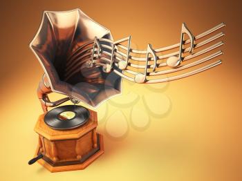 Vintage  gramophone with gold musical notes. Retro background. 3d illustration