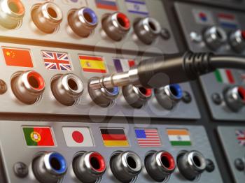 Select language. Learning, translate languages or audio guide concept. Audio  input output control panel with flags and plug.  3d illustration