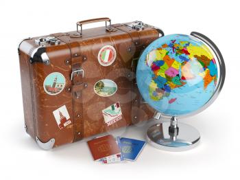 Travel or tourism concept. Old suitcase with stickers, globe and passports with boarding pass tickets isolated on white background. 3d illustration
