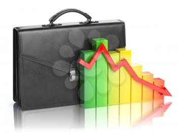 Decline of stock market portfolio concept. Briefcase and graph isolated on white background. 3d illustration