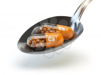 Pills with calcio calcium CA element in the spoon. Dietary supplements. Vitamin capsules. 3d illustration