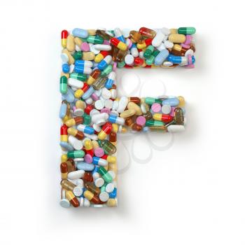 Letter F. Set of alphabet of medicine pills, capsules, tablets and blisters isolated on white. 3d illustration